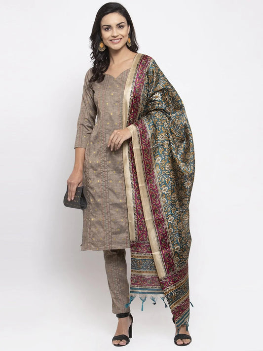 Women Grey Striped Kurta with Trousers & Green Printed Dupatta ( JOKS D5G 1317 Grey )