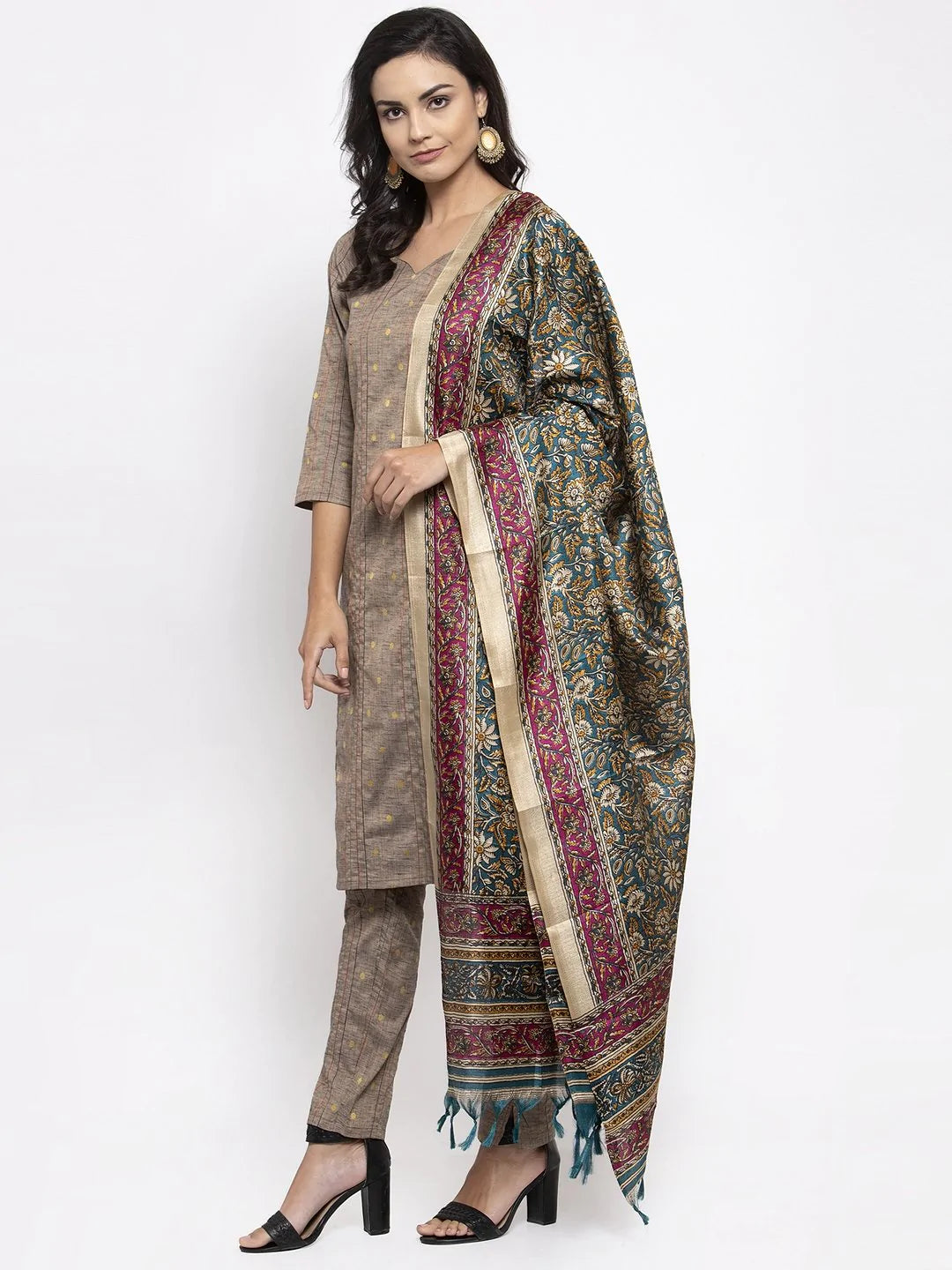 Women Grey Striped Kurta with Trousers & Green Printed Dupatta ( JOKS D5G 1317 Grey )