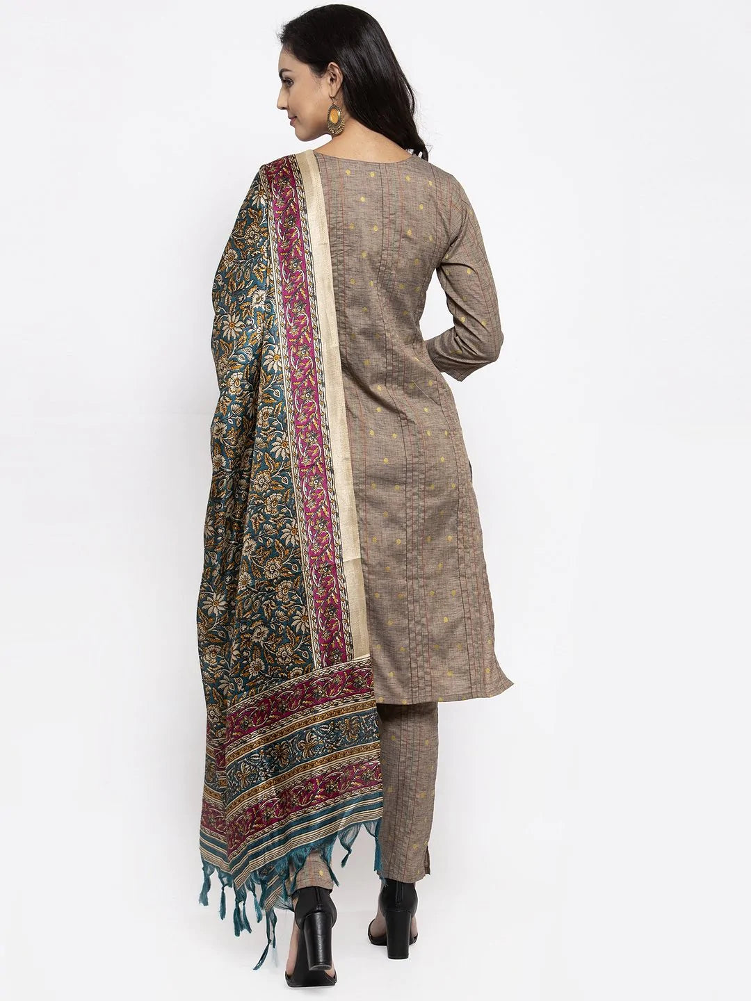 Women Grey Striped Kurta with Trousers & Green Printed Dupatta ( JOKS D5G 1317 Grey )