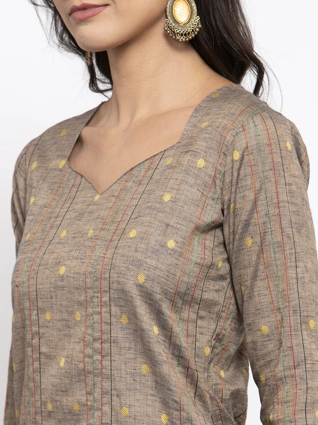 Women Grey Striped Kurta with Trousers & Green Printed Dupatta ( JOKS D5G 1317 Grey )