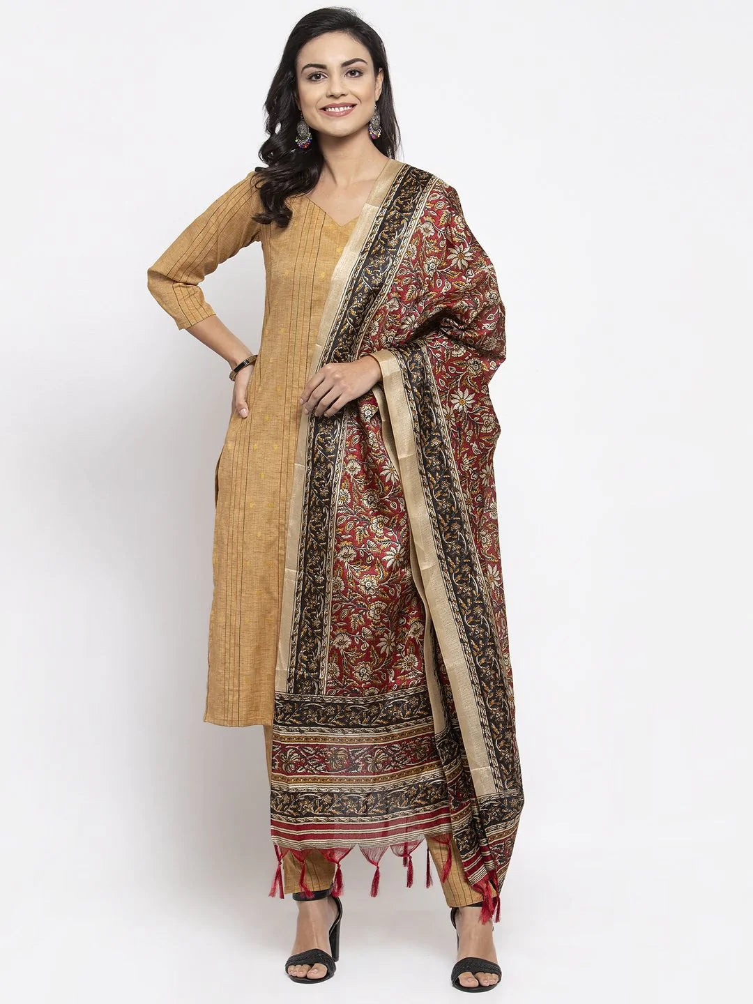 Women Beige & Black Striped Kurta with Trousers & Red Printed Dupatta ( JOKS D5R 1317 Golden )