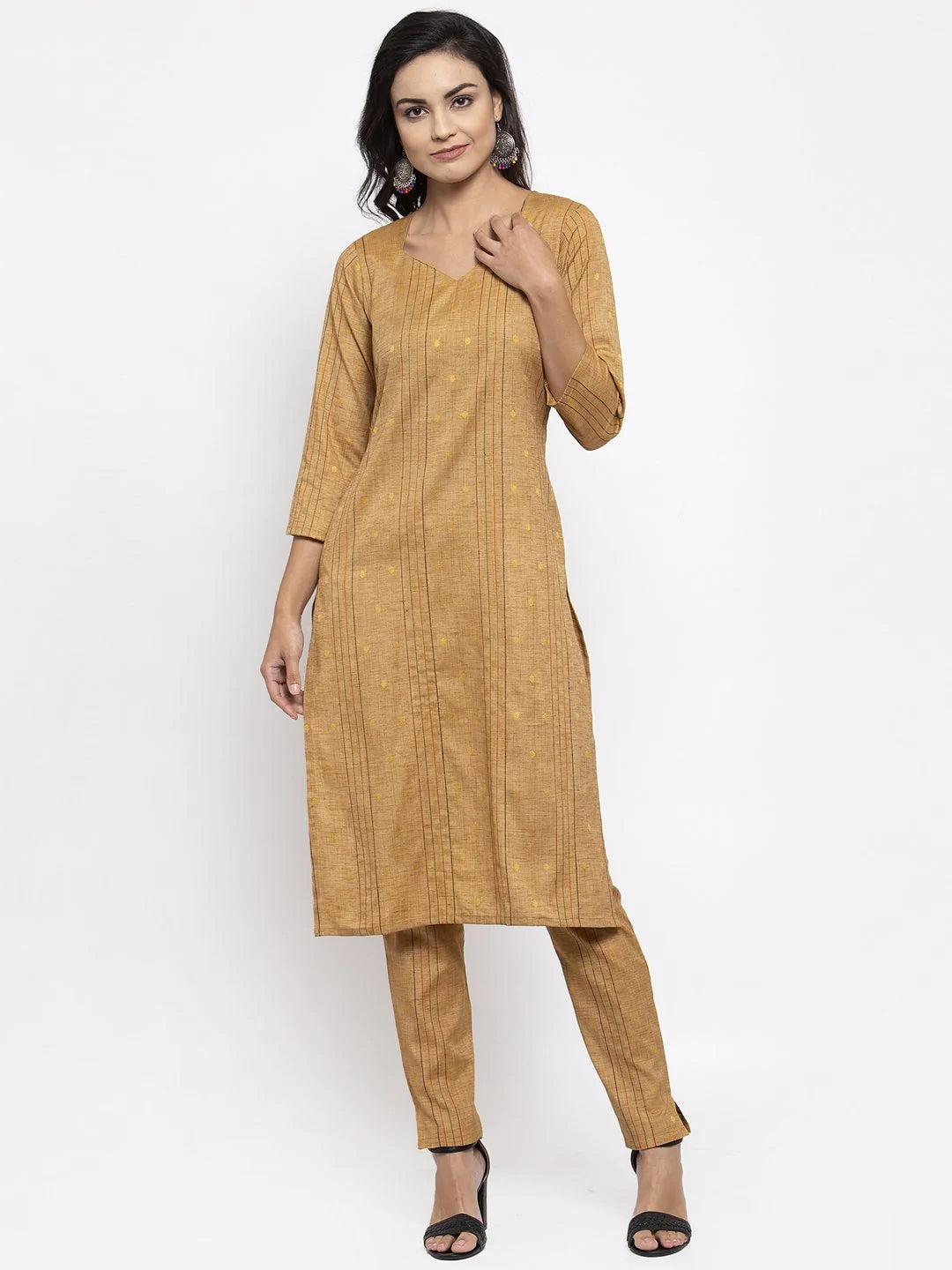 Women Beige & Black Striped Kurta with Trousers & Red Printed Dupatta ( JOKS D5R 1317 Golden )