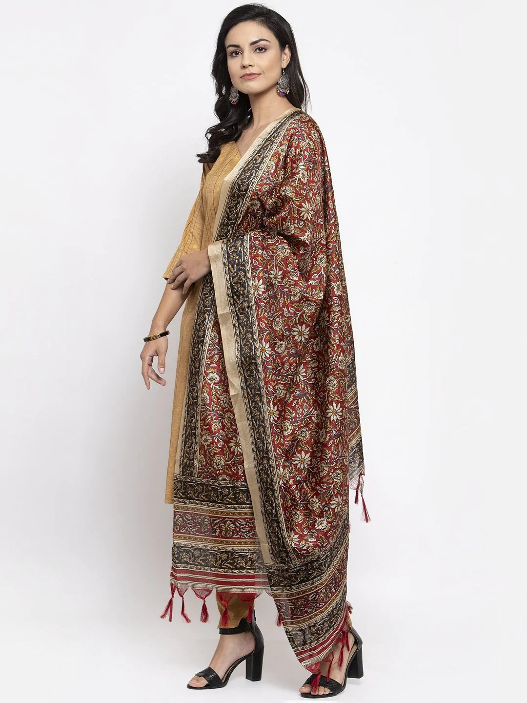 Women Beige & Black Striped Kurta with Trousers & Red Printed Dupatta ( JOKS D5R 1317 Golden )