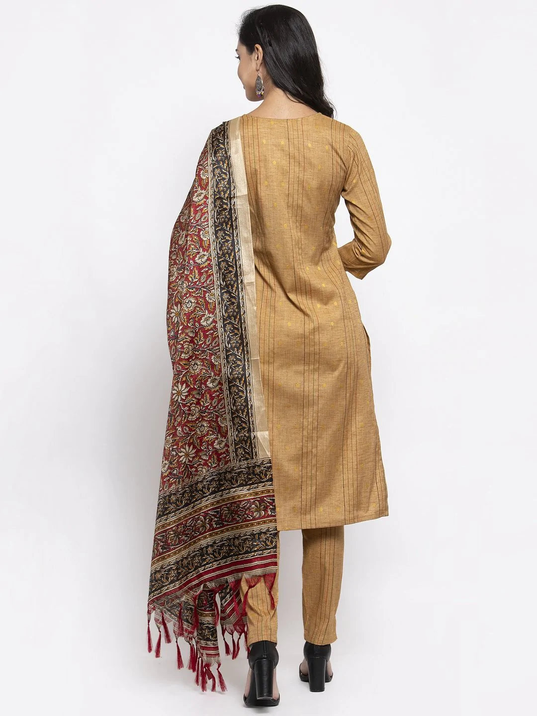 Women Beige & Black Striped Kurta with Trousers & Red Printed Dupatta ( JOKS D5R 1317 Golden )