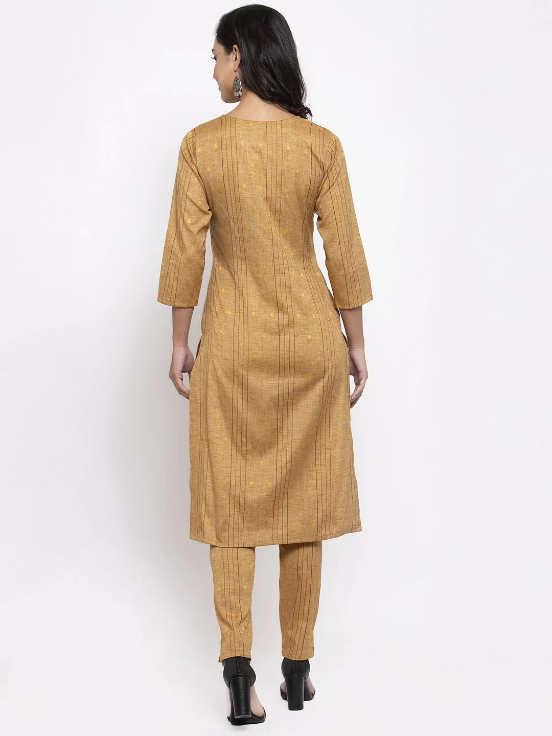 Women Beige & Black Striped Kurta with Trousers & Red Printed Dupatta ( JOKS D5R 1317 Golden )