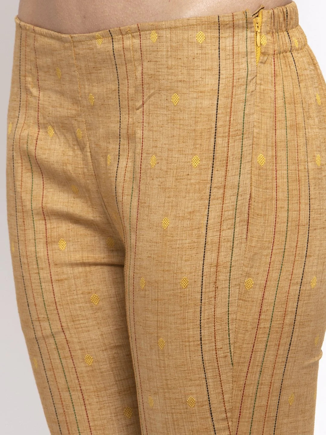 Women Beige & Black Striped Kurta with Trousers & Red Printed Dupatta ( JOKS D5R 1317 Golden )
