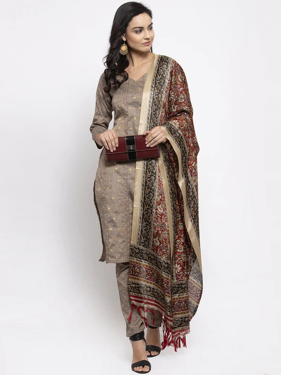 Women Grey Striped Kurta with Trousers & Red Printed Dupatta ( JOKS D5R 1317 Grey )