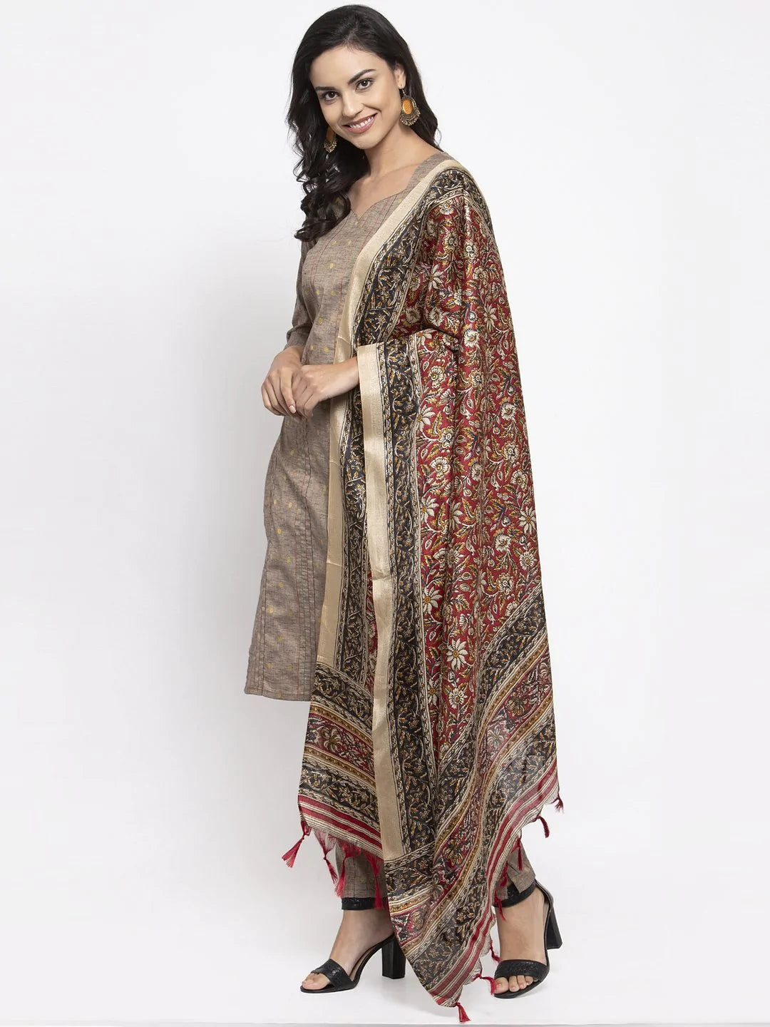 Women Grey Striped Kurta with Trousers & Red Printed Dupatta ( JOKS D5R 1317 Grey )