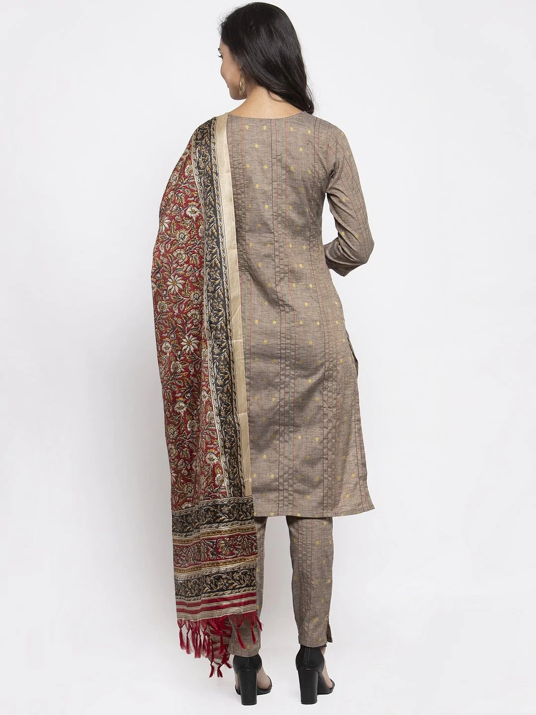 Women Grey Striped Kurta with Trousers & Red Printed Dupatta ( JOKS D5R 1317 Grey )