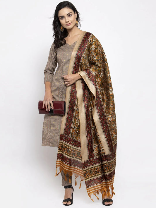 Women Grey Striped Kurta with Trousers & Mustard Printed Dupatta ( JOKS D5Y 1317 Grey )