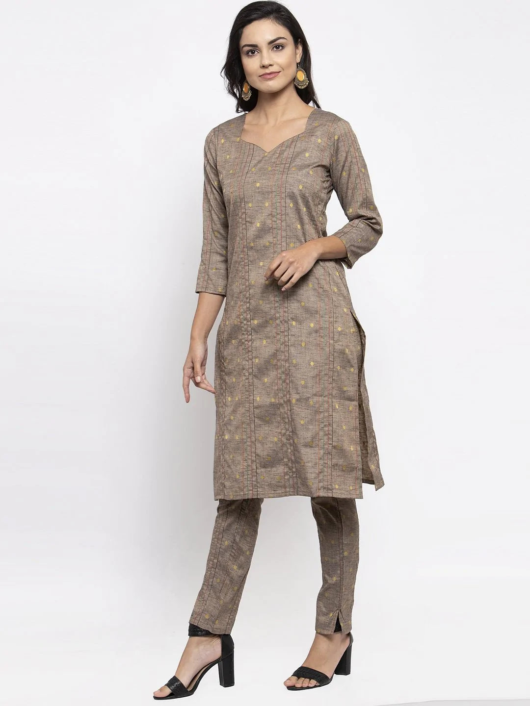 Women Grey Striped Kurta with Trousers & Beige-Red Printed Dupatta ( JOKS D7R 1317 Grey )