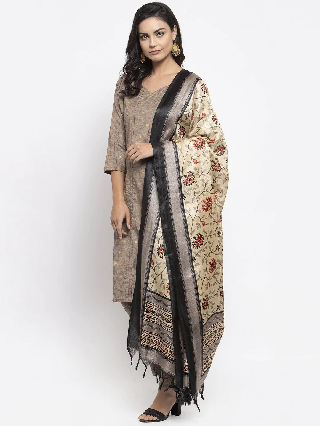 Women Grey Striped Kurta with Trousers & Beige-Red Printed Dupatta ( JOKS D7R 1317 Grey )