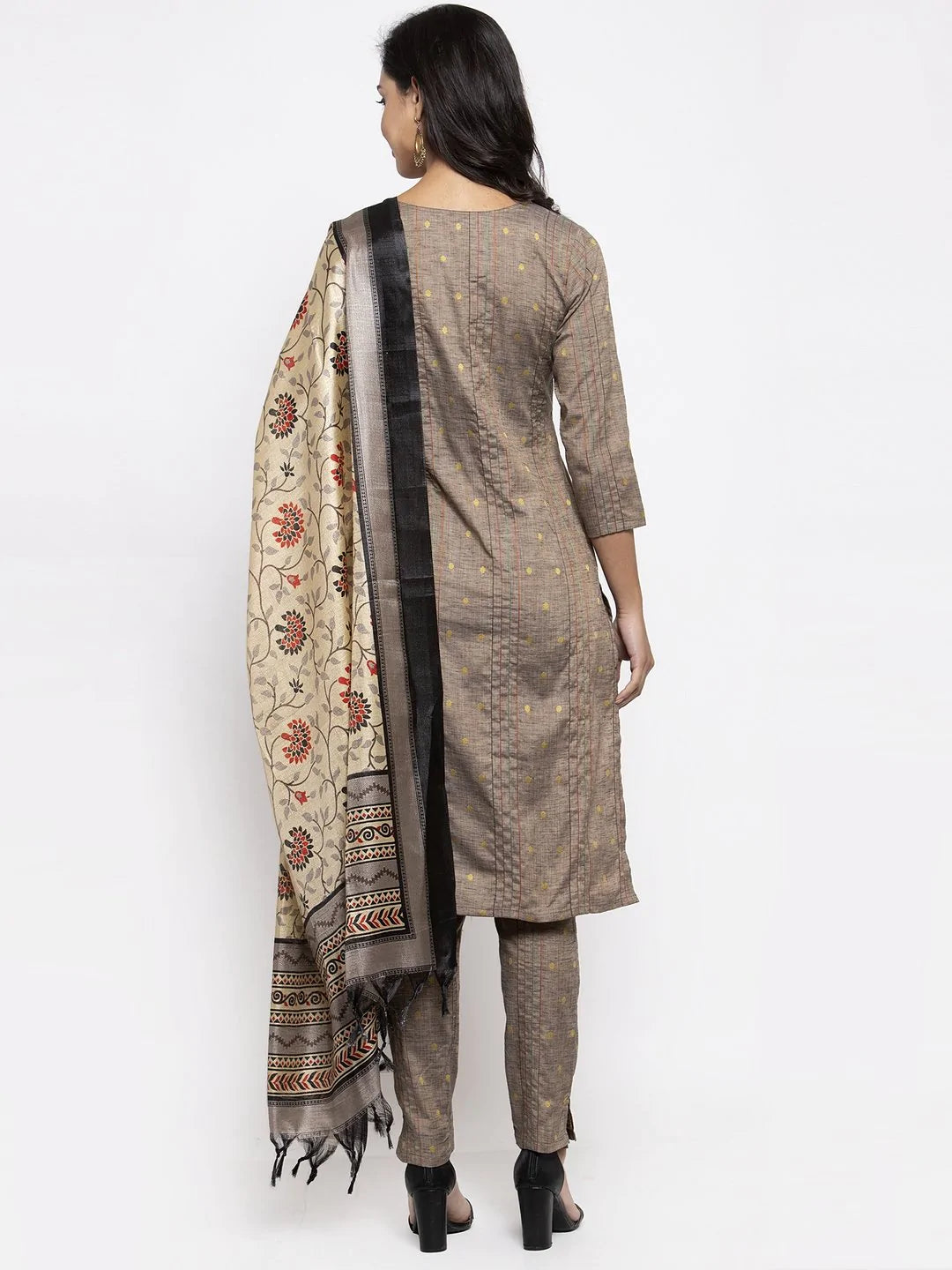 Women Grey Striped Kurta with Trousers & Beige-Red Printed Dupatta ( JOKS D7R 1317 Grey )