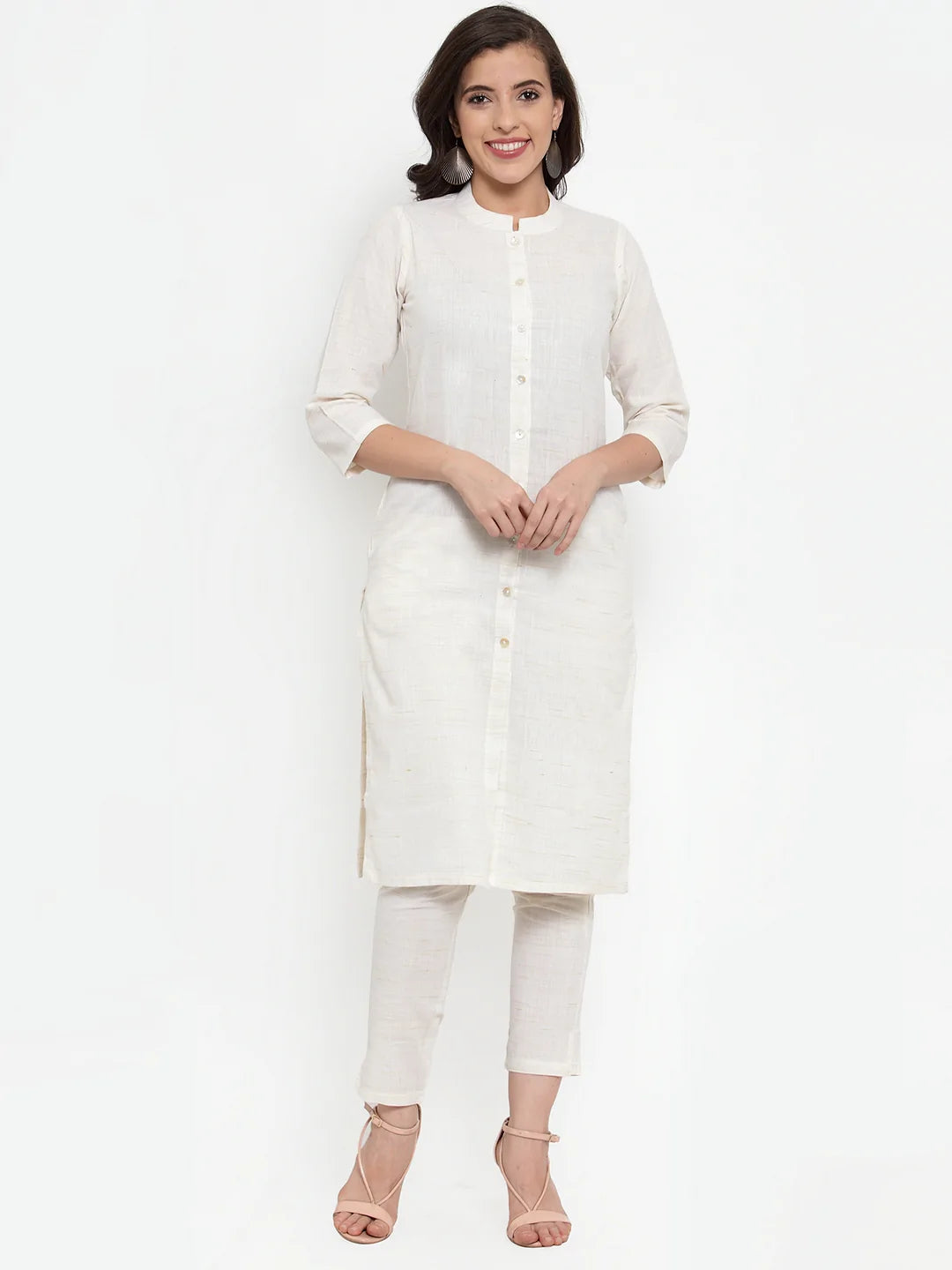 Jompers Women Off-White Solid Kurta with Trousers & Dupatta (JOKS D8R 1332 Off-White)