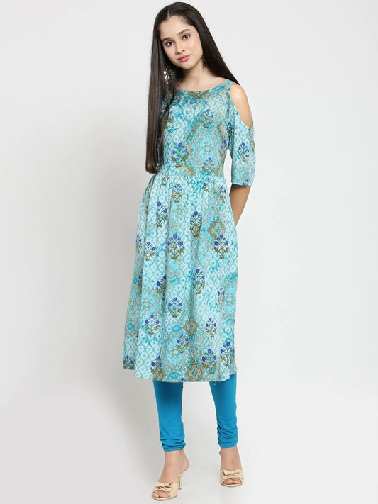 Women Blue Printed A-Line Kurta - Jompers