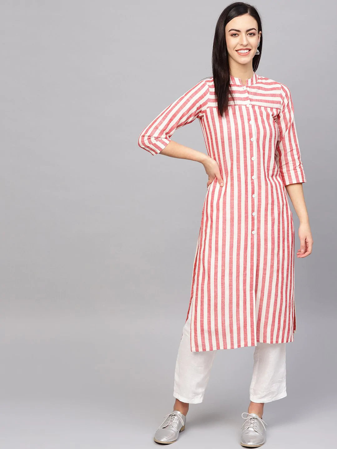 Jompers Women Red & Off-White Striped Cotton Straight Kurta ( JOK 1204 Red )