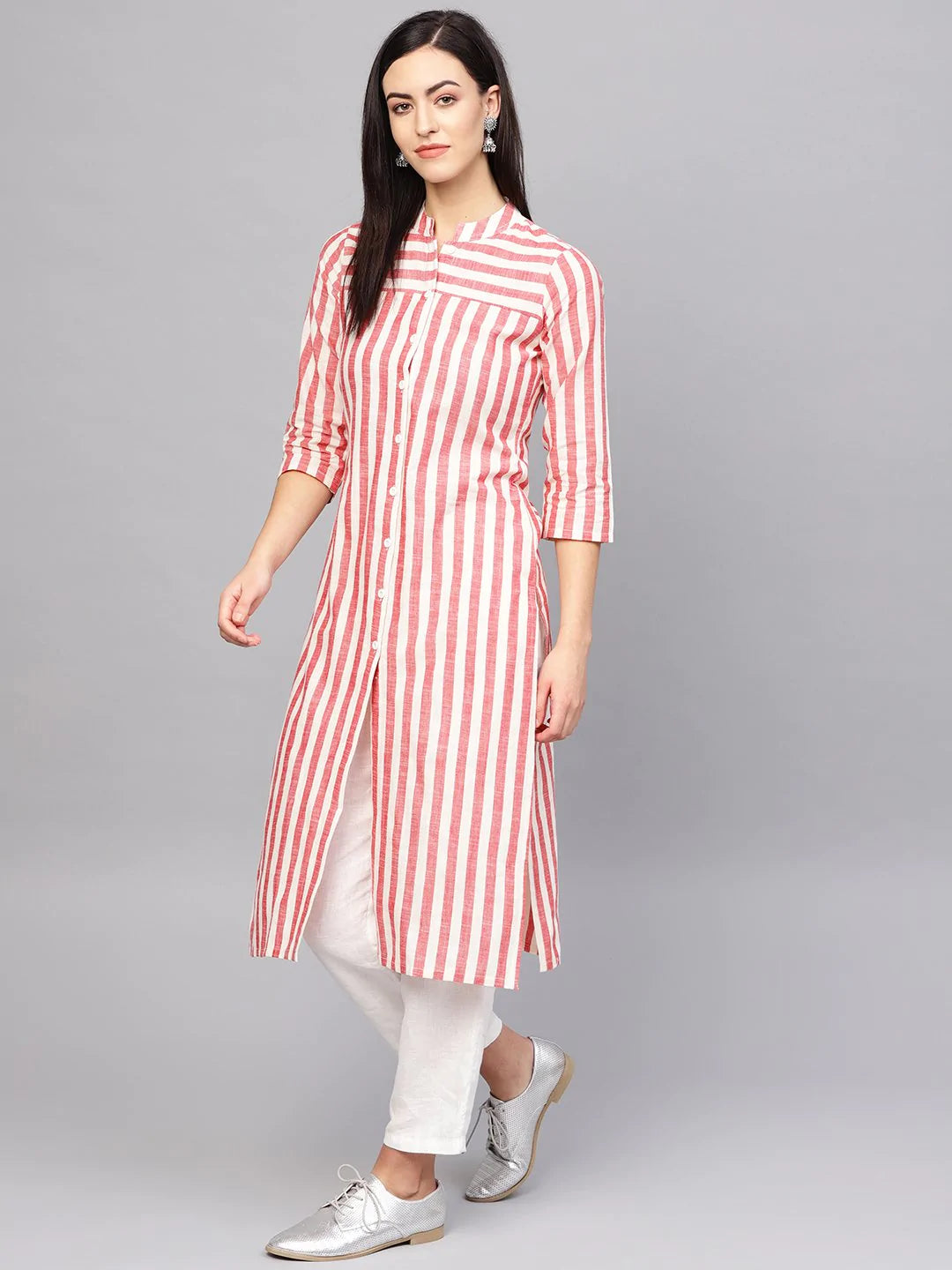 Jompers Women Red & Off-White Striped Cotton Straight Kurta ( JOK 1204 Red )
