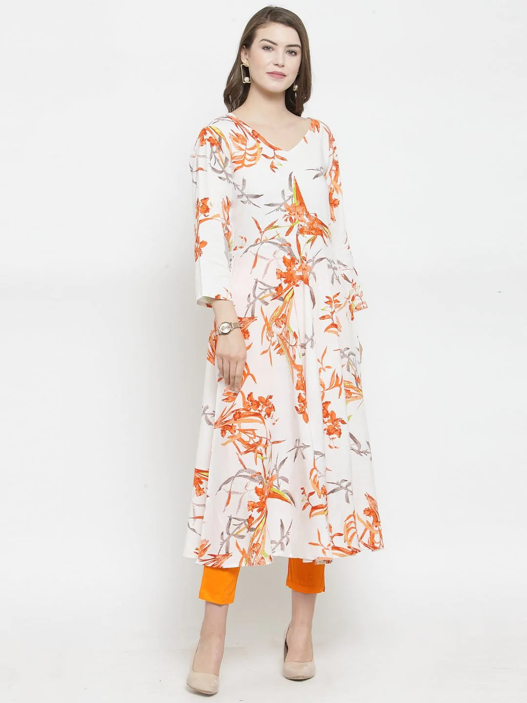 Jompers Women White & Orange Floral Printed Rayon Flared Kurta ( JOK 1212 Orange )