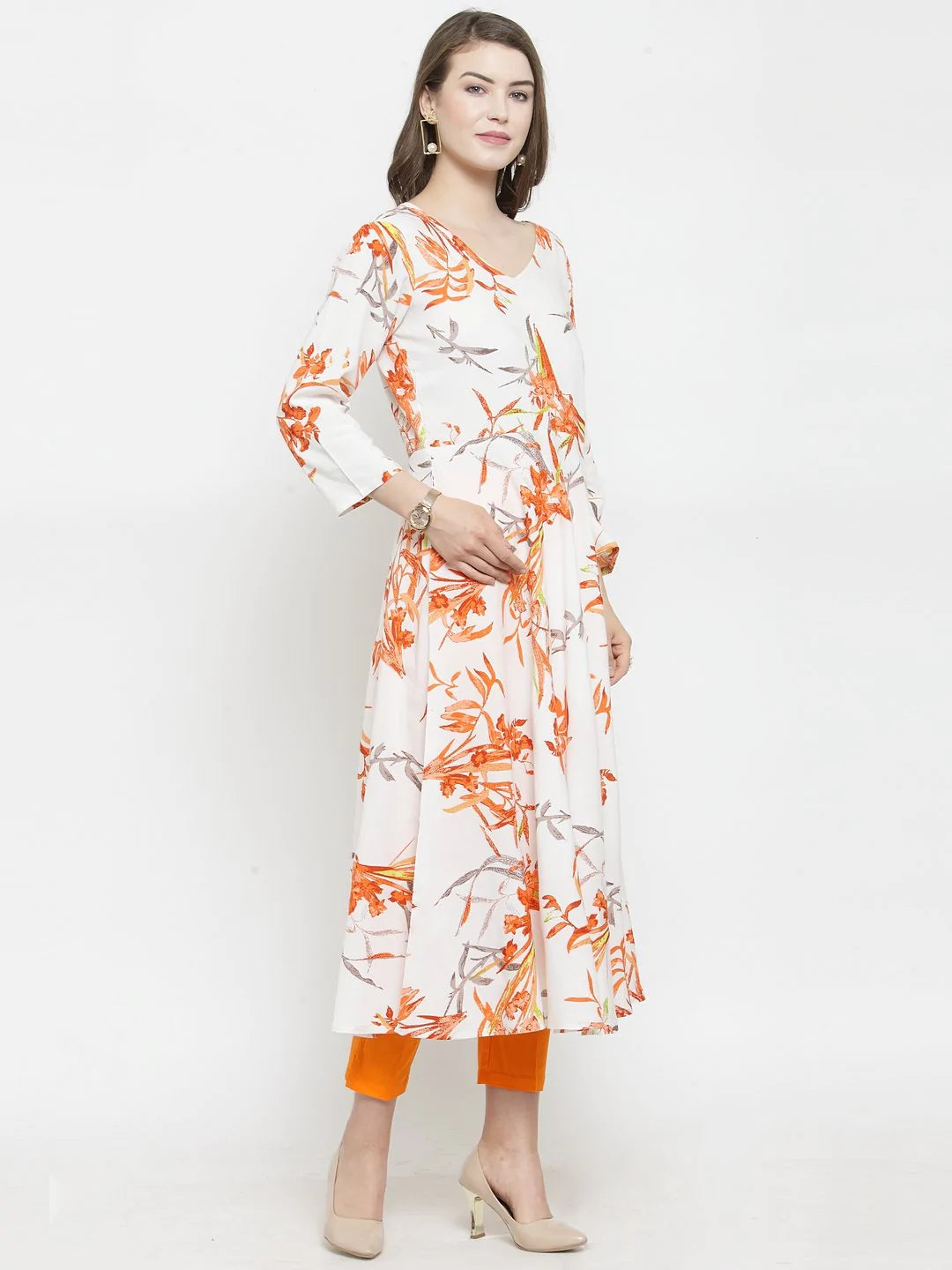 Jompers Women White & Orange Floral Printed Rayon Flared Kurta ( JOK 1212 Orange )