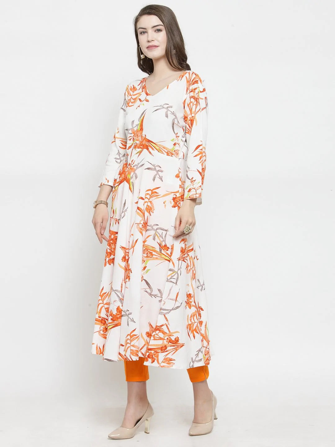 Jompers Women White & Orange Floral Printed Rayon Flared Kurta ( JOK 1212 Orange )