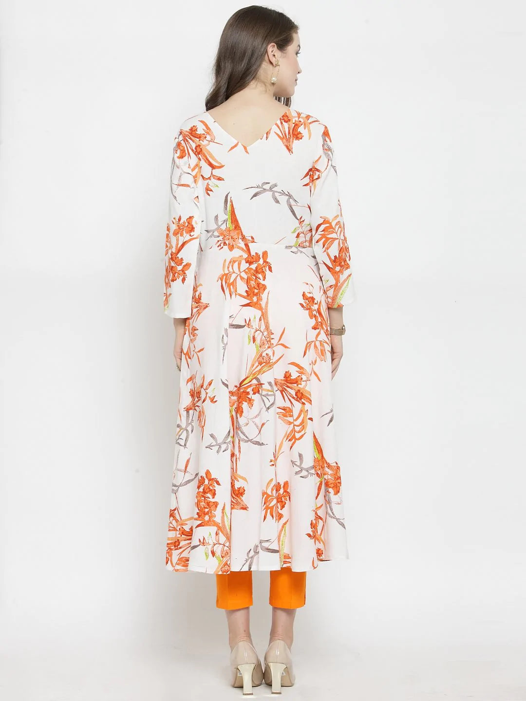 Jompers Women White & Orange Floral Printed Rayon Flared Kurta ( JOK 1212 Orange )