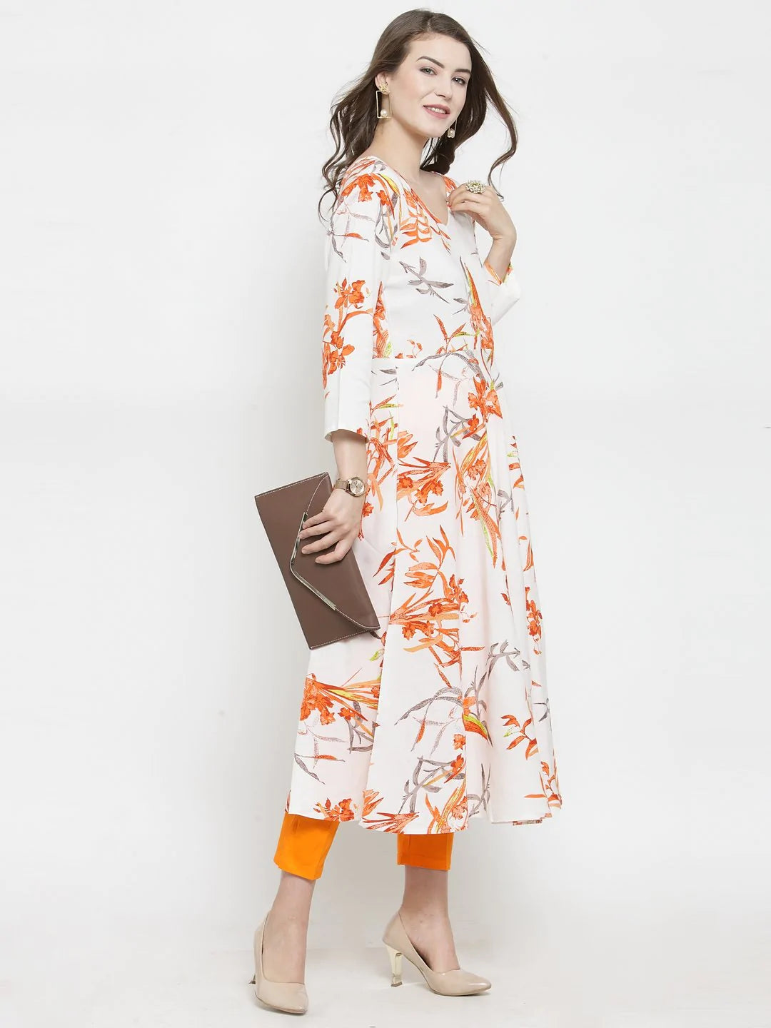 Jompers Women White & Orange Floral Printed Rayon Flared Kurta ( JOK 1212 Orange )