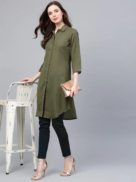 Jompers Women Olive Green Solid A-Line Kurta ( JOK 1224 Olive )