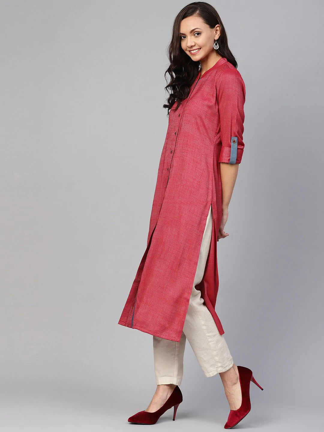 Jompers Women Maroon Woven Design Straight Rayon Kurta with Trousers ( JOKS OW 1227 Maroon )