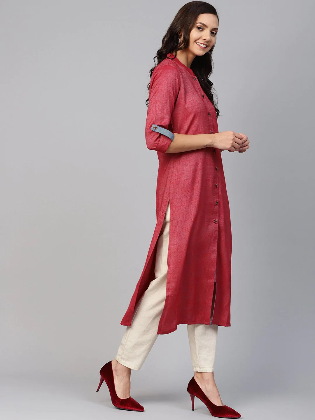 Jompers Women Maroon Woven Design Straight Rayon Kurta with Trousers ( JOKS OW 1227 Maroon )
