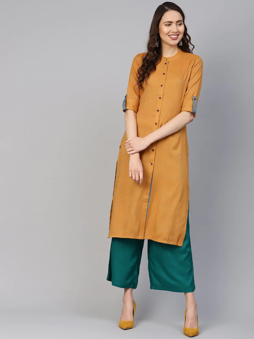 Jompers Women Mustard Woven Design Straight Rayon Kurta ( JOK 1227 Mustard )