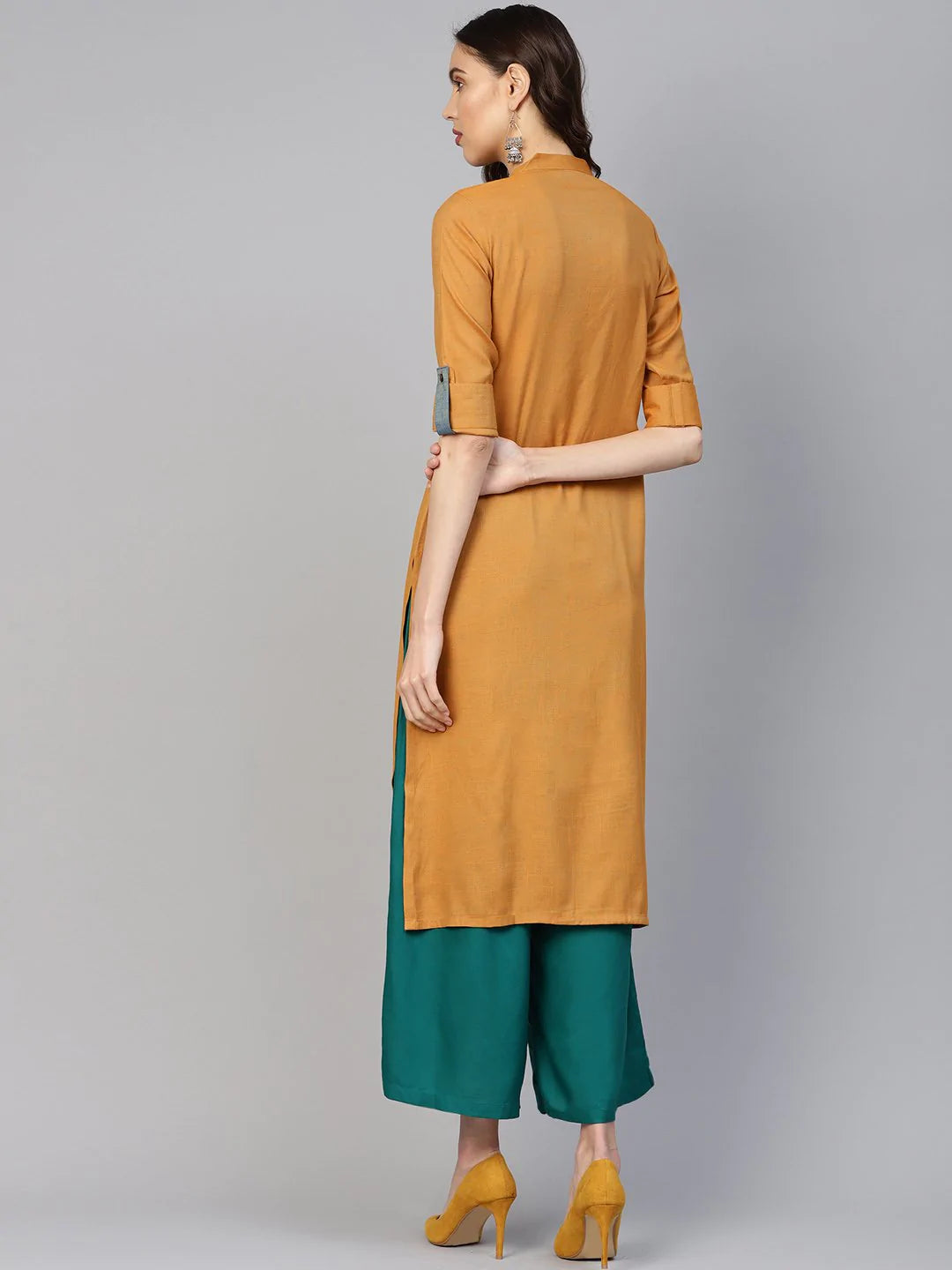 Jompers Women Mustard Woven Design Straight Rayon Kurta ( JOK 1227 Mustard )