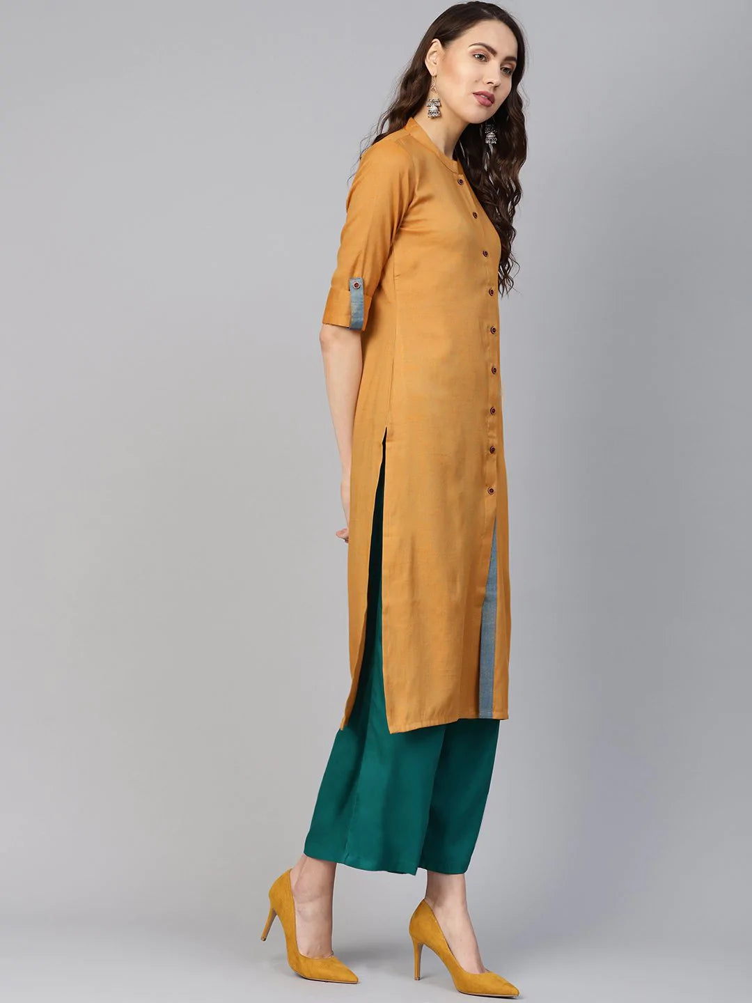 Jompers Women Mustard Woven Design Straight Rayon Kurta ( JOK 1227 Mustard )
