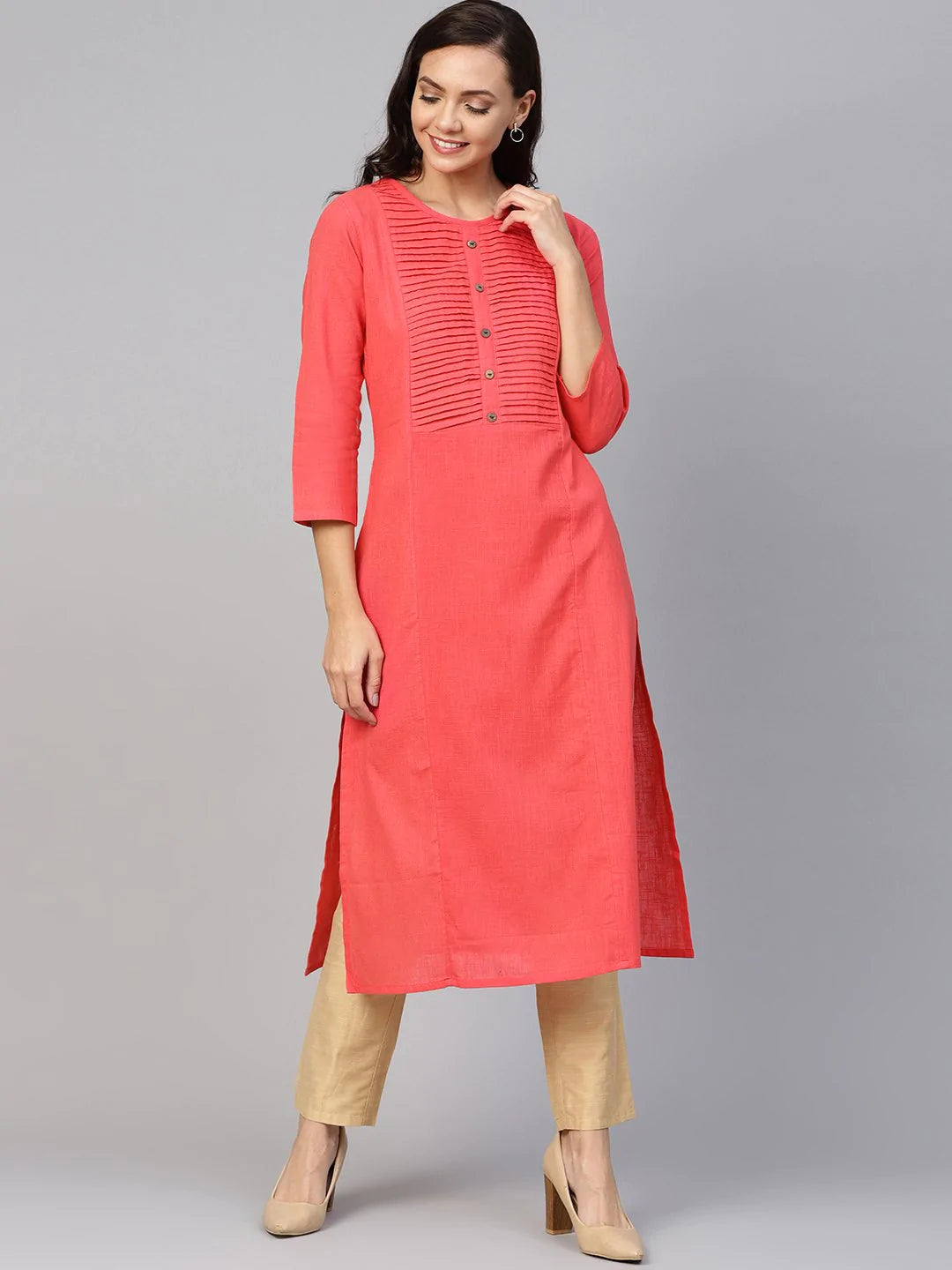 Jompers Women Peach Cotton Straight Kurta with Pintucks ( JOK 1236 Peach )