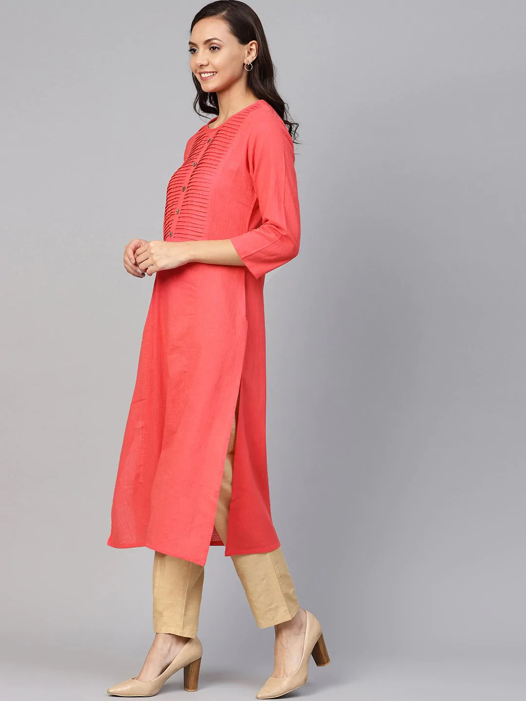 Jompers Women Peach Cotton Straight Kurta with Pintucks ( JOK 1236 Peach )