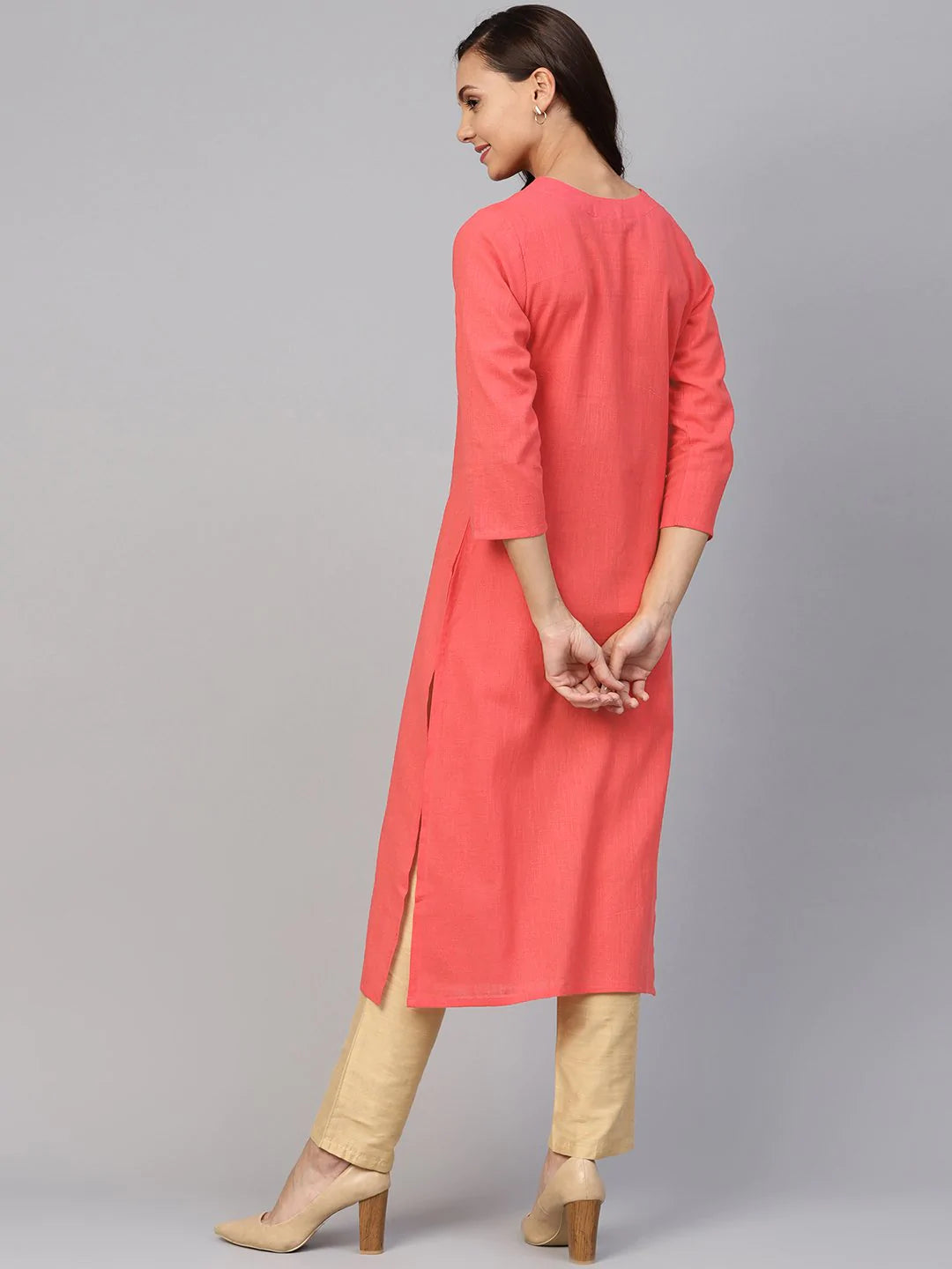 Jompers Women Peach Cotton Straight Kurta with Pintucks ( JOK 1236 Peach )