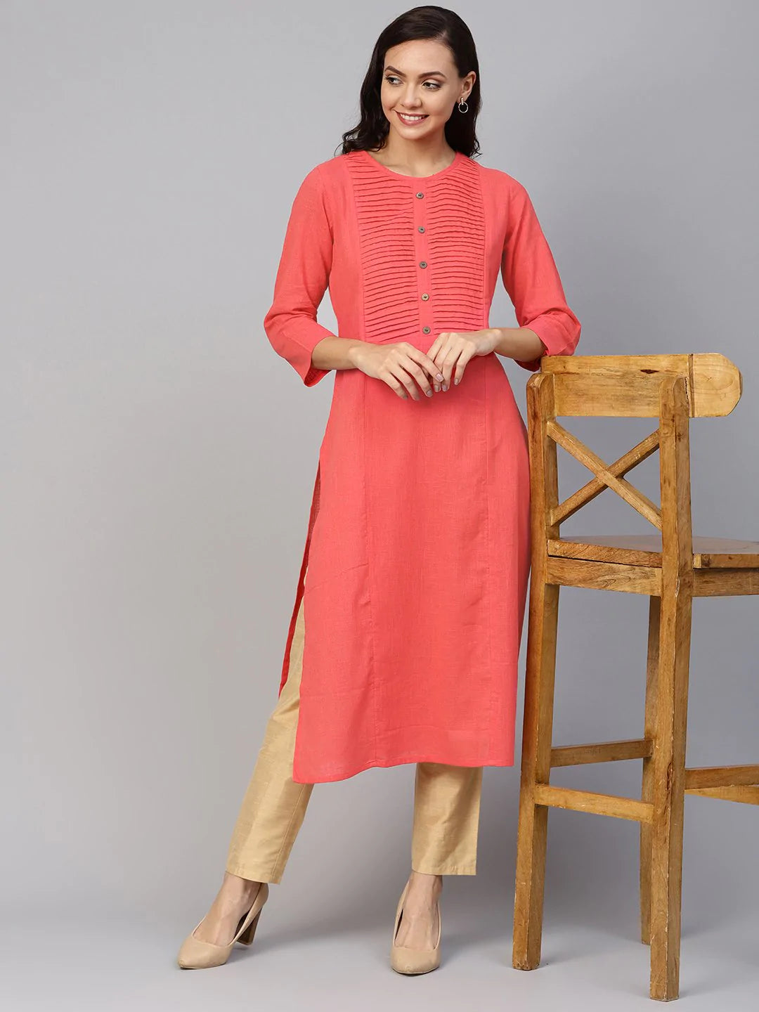 Jompers Women Peach Cotton Straight Kurta with Pintucks ( JOK 1236 Peach )