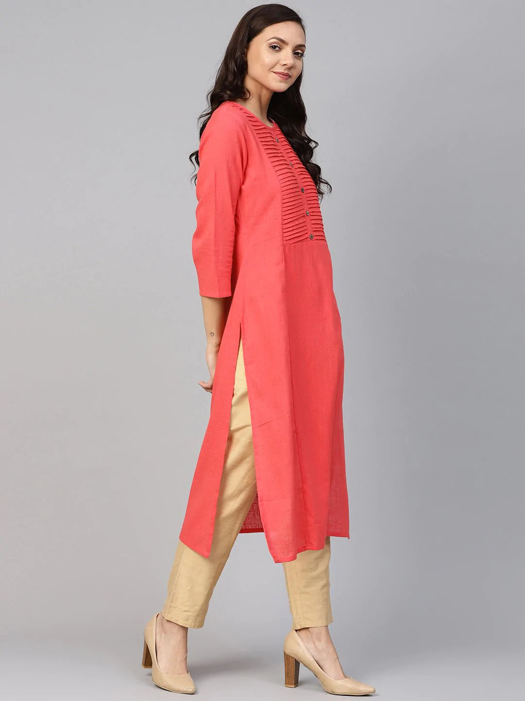 Jompers Women Peach Cotton Straight Kurta with Pintucks ( JOK 1236 Peach )