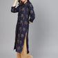Jompers Women Navy Blue & Golden Printed Straight Kurta ( JOK 1263 Navy )