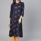 Jompers Women Navy Blue & Golden Printed Straight Kurta ( JOK 1263 Navy )
