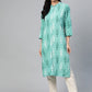 Jompers Women Green & White Ikkat Print Straight Kurta ( JOK 1270 Sky )