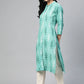 Jompers Women Green & White Ikkat Print Straight Kurta ( JOK 1270 Sky )