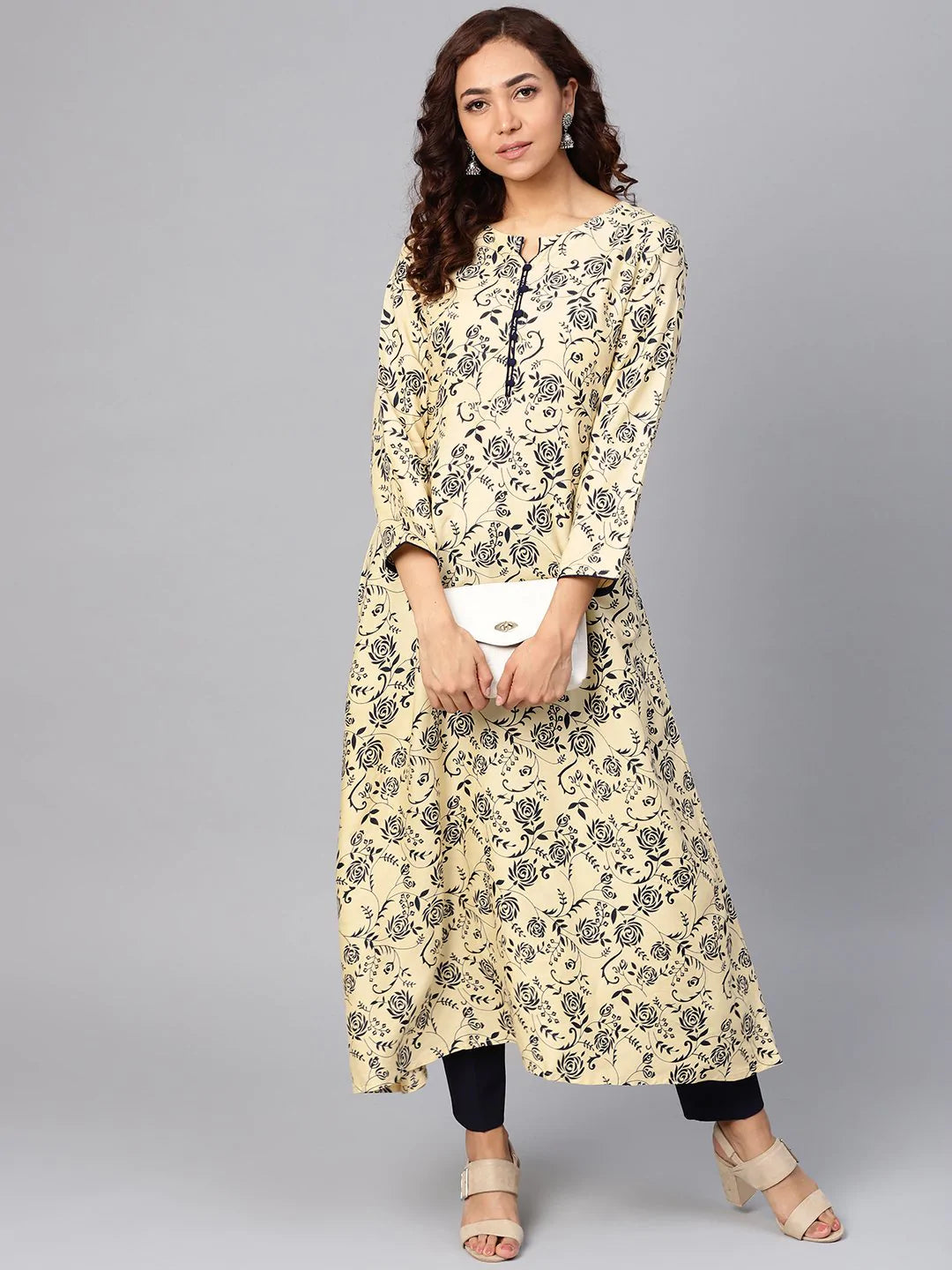 Jompers Women Cream-Coloured & Navy Blue Printed A-Line Kurta ( JOK 1277 Cream )