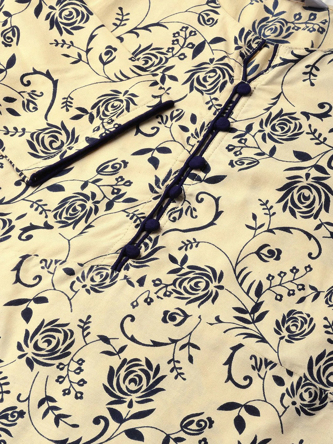 Jompers Women Cream-Coloured & Navy Blue Printed A-Line Kurta ( JOK 1277 Cream )