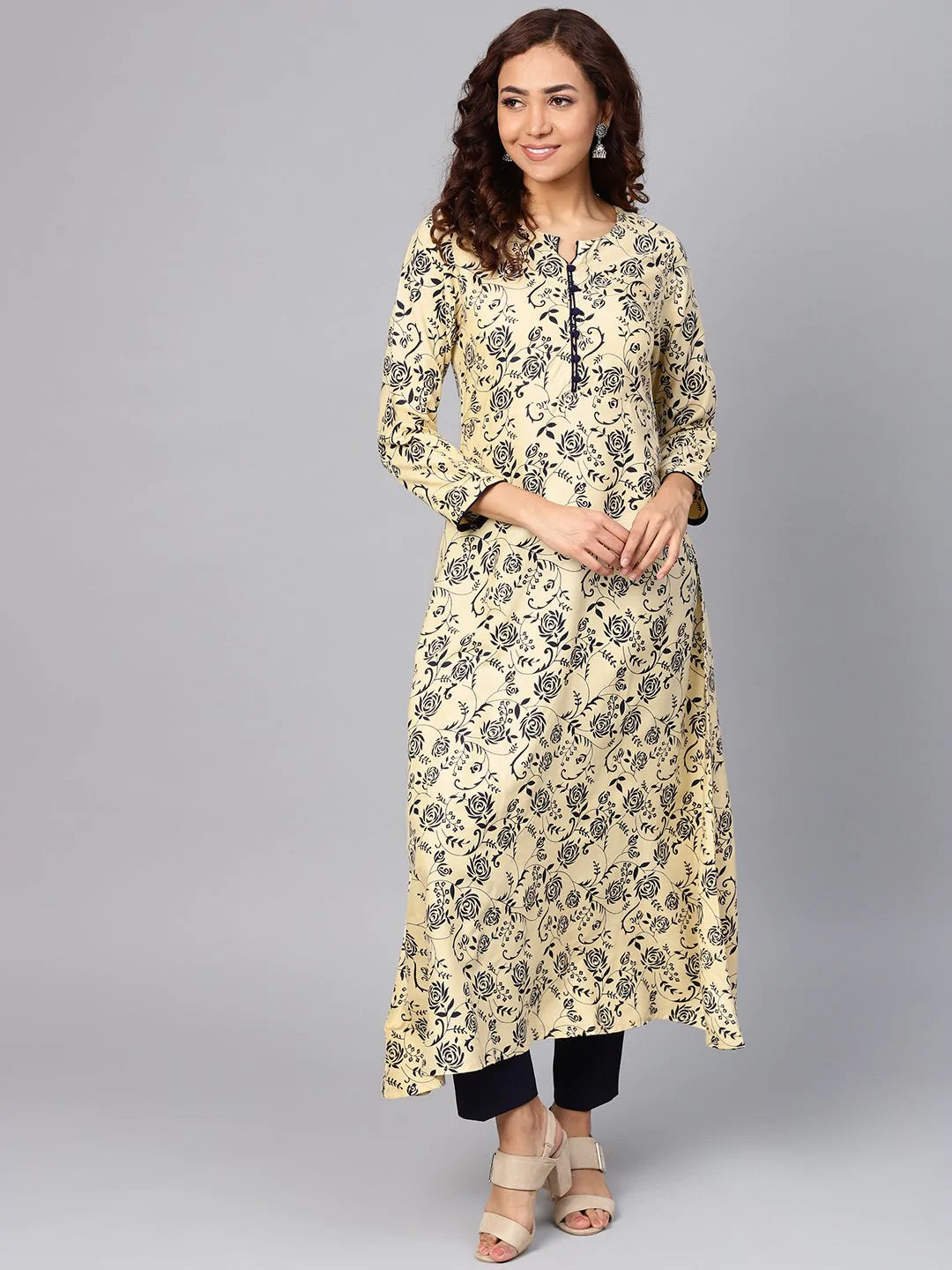 Jompers Women Cream-Coloured & Navy Blue Printed A-Line Kurta ( JOK 1277 Cream )