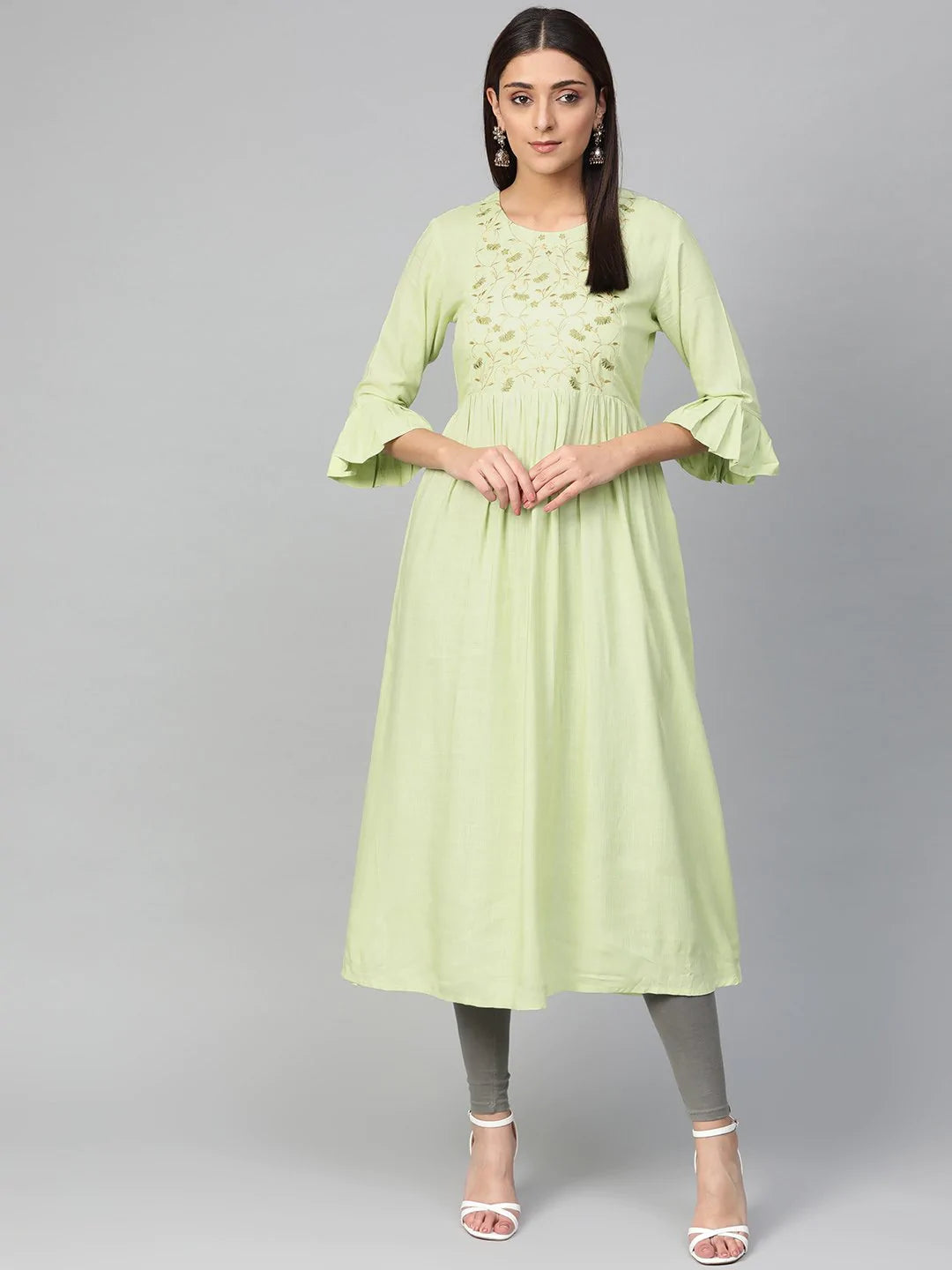 Jompers Women Green & Golden Yoke Design A-Line Kurta ( JOK 1288 Green )