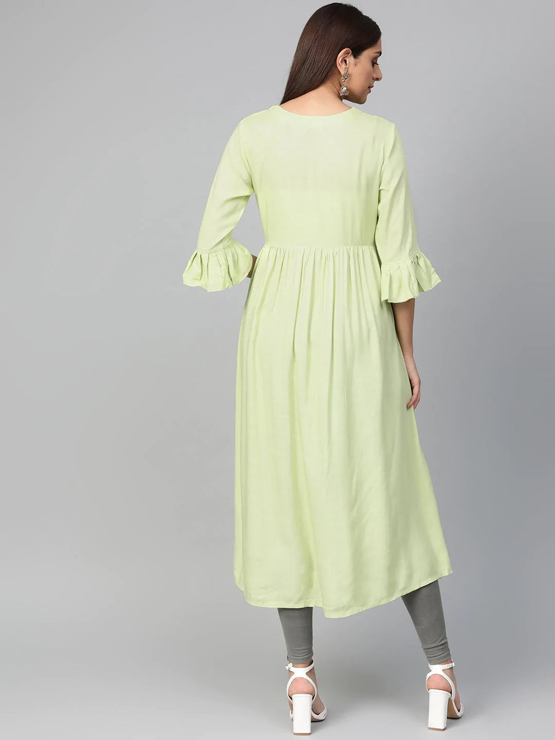 Jompers Women Green & Golden Yoke Design A-Line Kurta ( JOK 1288 Green )