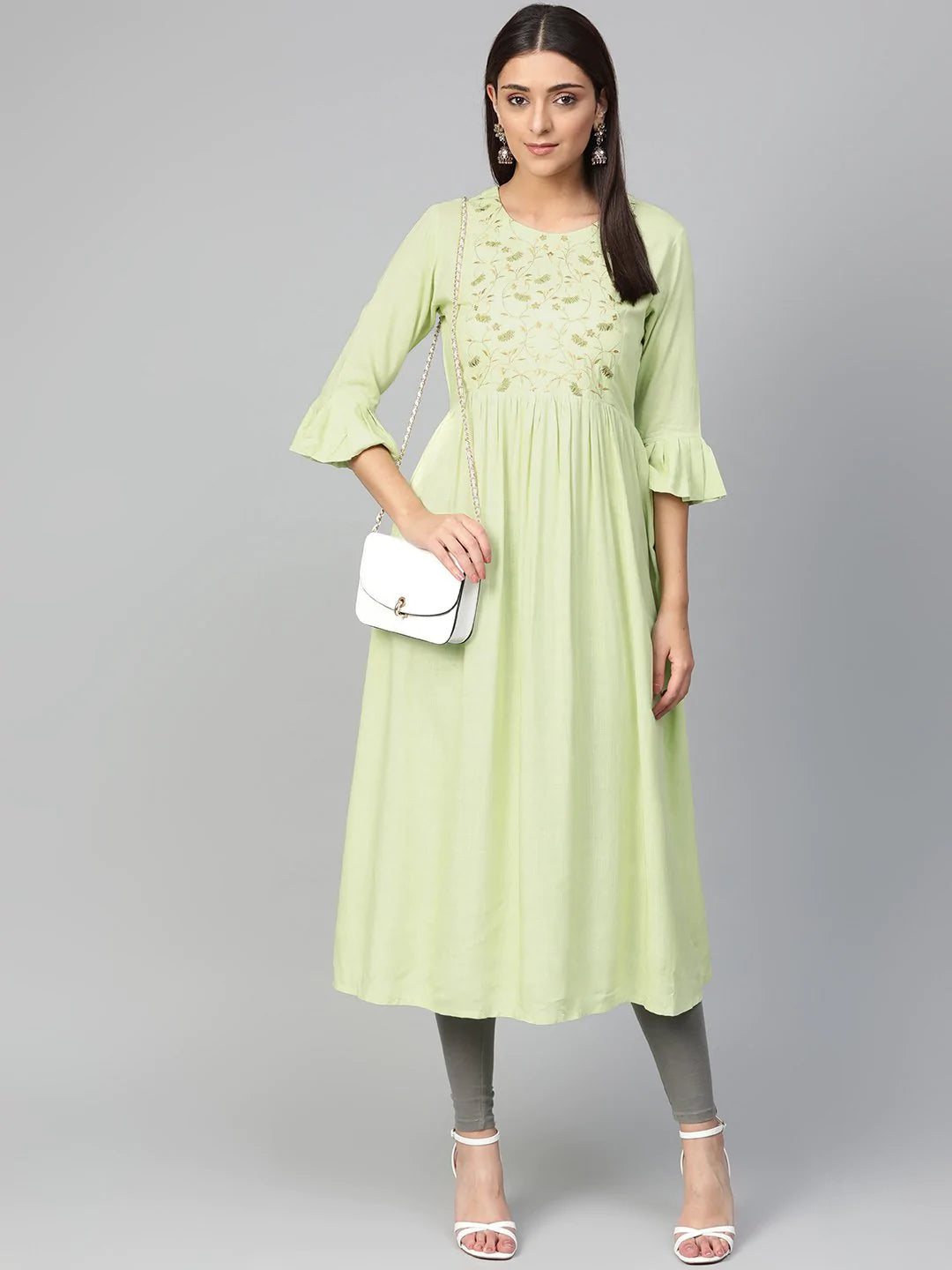 Jompers Women Green & Golden Yoke Design A-Line Kurta ( JOK 1288 Green )