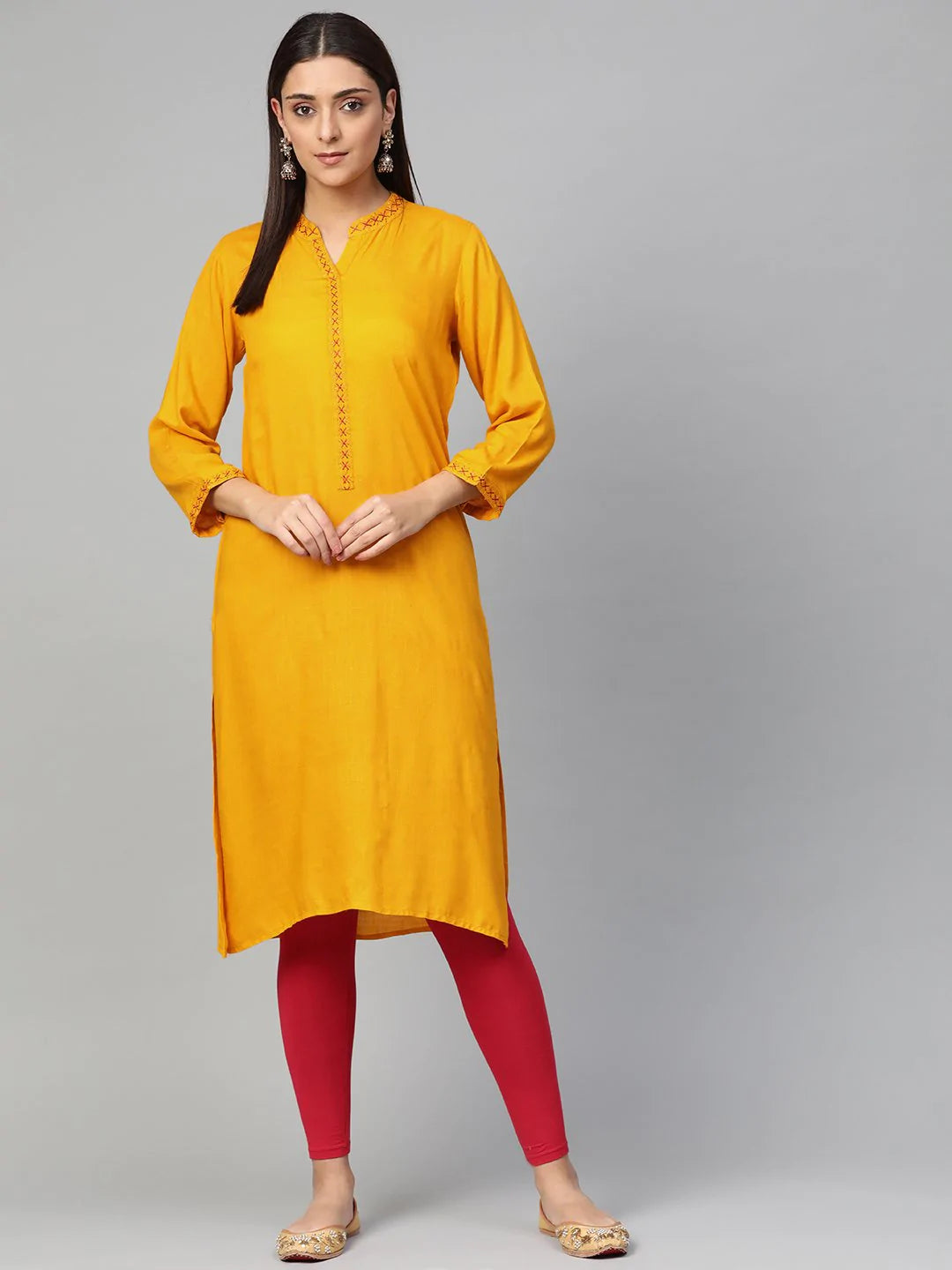 Jompers Women Mustard Embroidered Straight Kurta ( JOK 1294 Mustard )
