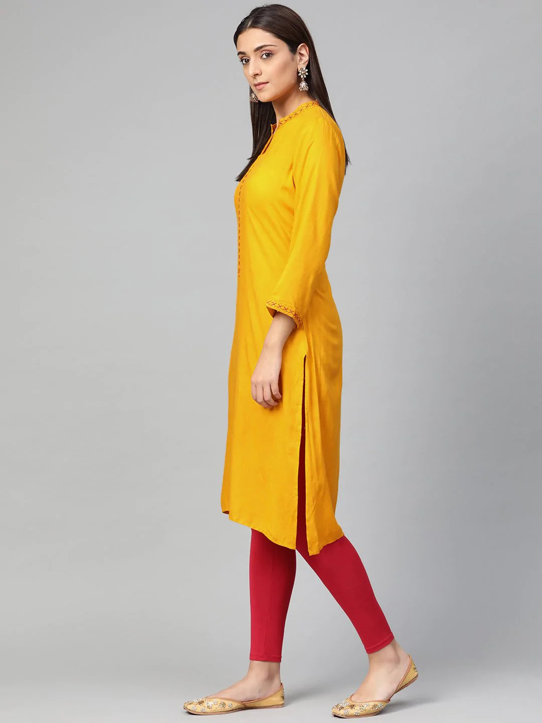 Jompers Women Mustard Embroidered Straight Kurta ( JOK 1294 Mustard )