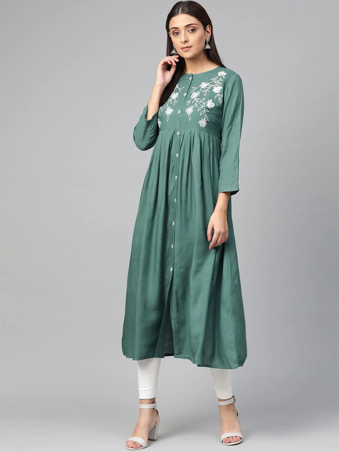 Jompers Women Green & White Yoke Design A-Line Kurta ( JOK 1299 Teal )